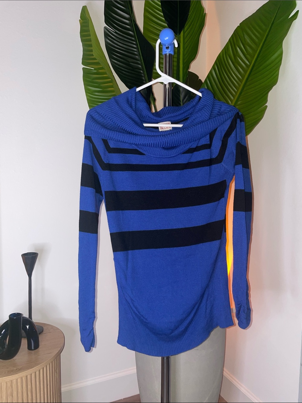 Canyon River Blues Royal Blue & Black Striped Cowl Neck Sweater